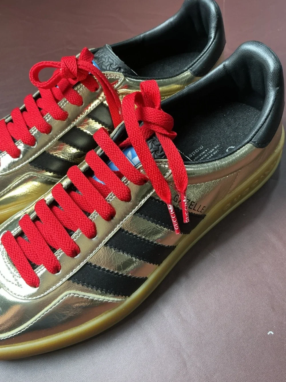 adidas Gold Metallic Sneakers with Red Laces and Black Stripes - Picture 5 of 8